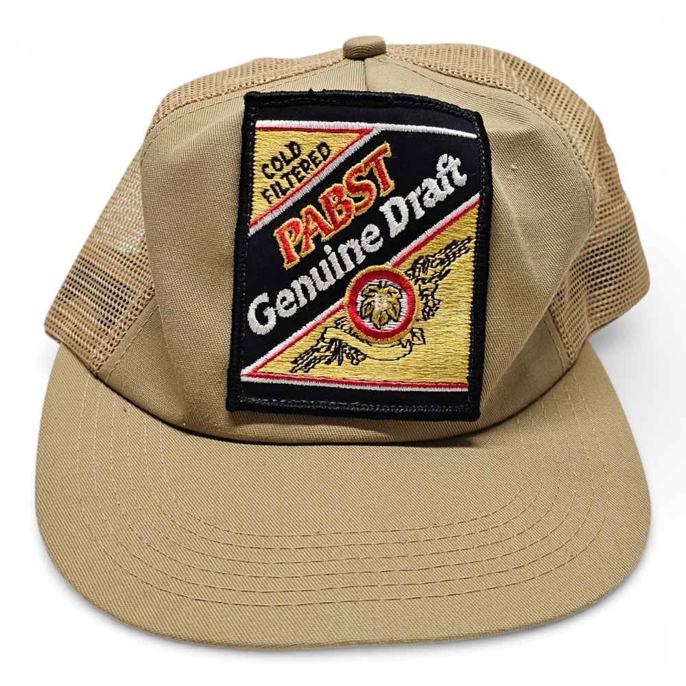 Vntg Unifog‎ PABST Genuine Draft Trucker Hat Unisex OSFA Tan Excellent Snapback